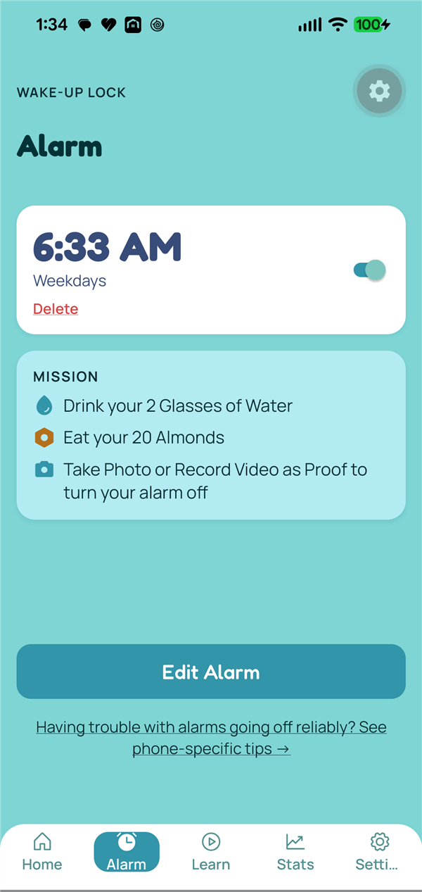 Alarm setup screen